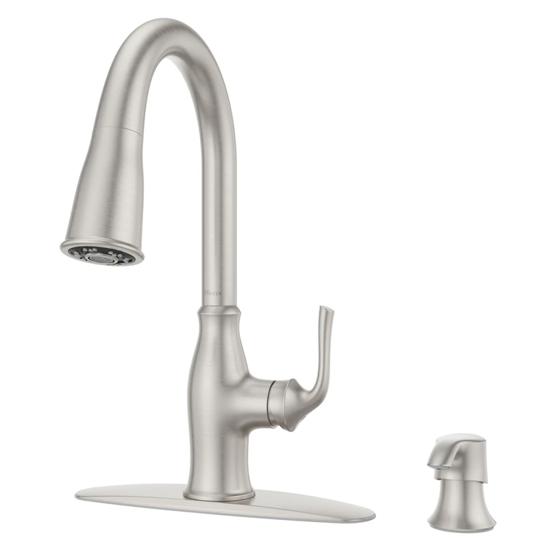 Pfister Rosslyn Kitchen Faucet with Pull Down Sprayer and Soap Dispenser, Single Handle, High Arc, Spot Defense Stainless Steel Finish, F5297RSSRGS