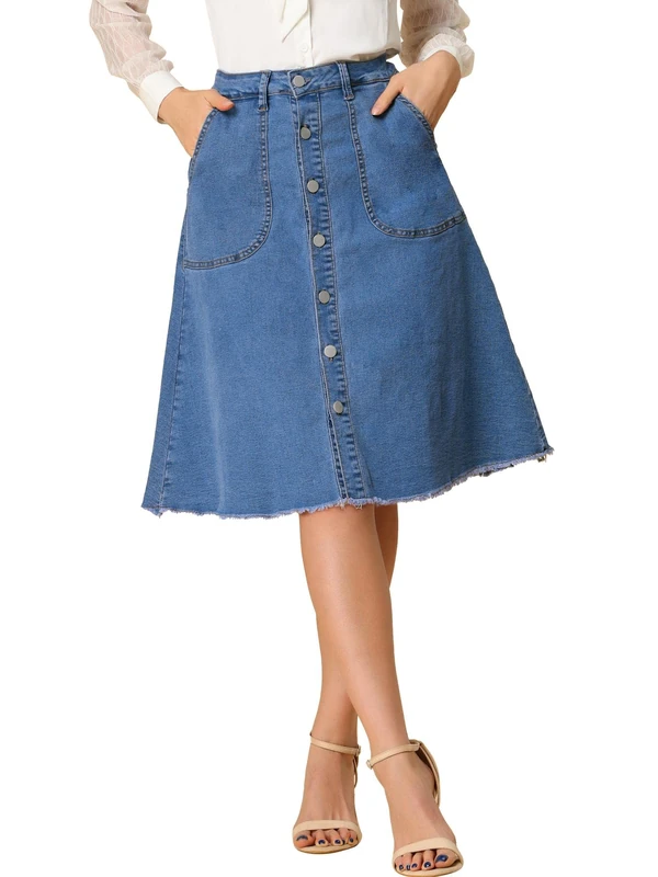 Allegra K Women's Denim Skirts Raw Hem Button Down Midi Jeans Skirt, Blue, Small