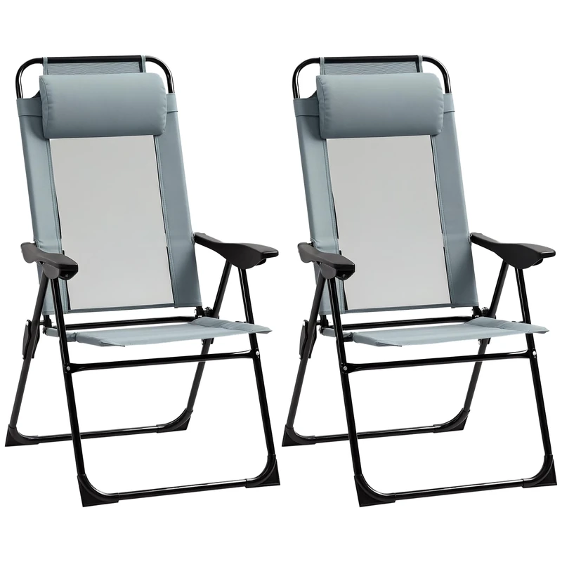 Outsunny Set of 2 Portable Folding Recliner Metal Outdoor Patio Chaise Lounge Chairs with Adjustable Backrest, Grey