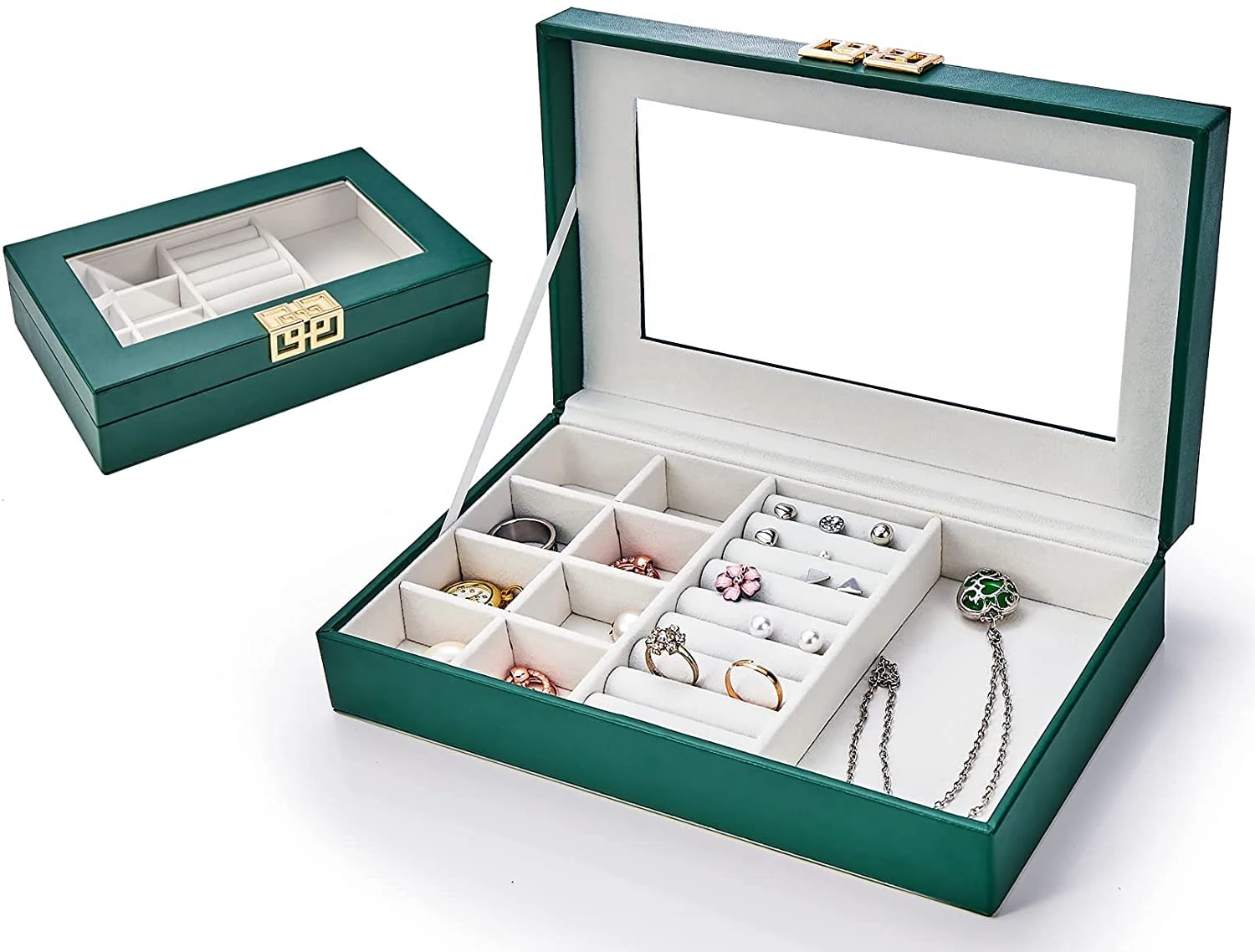 BASUWELL 24 Grid Velvet Jewelry Tray for Drawers Glass Clear Lid Showcase Display Storage Ring Trays Holder Earrings Organizer Case (Green-box)