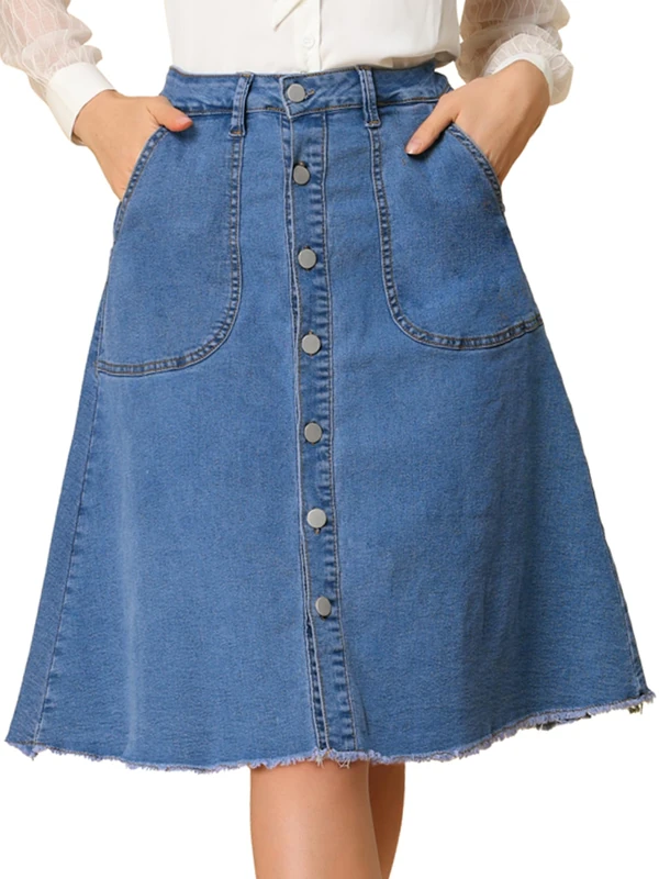 Allegra K Women's Denim Skirts Raw Hem Button Down Midi Jeans Skirt, Blue, L