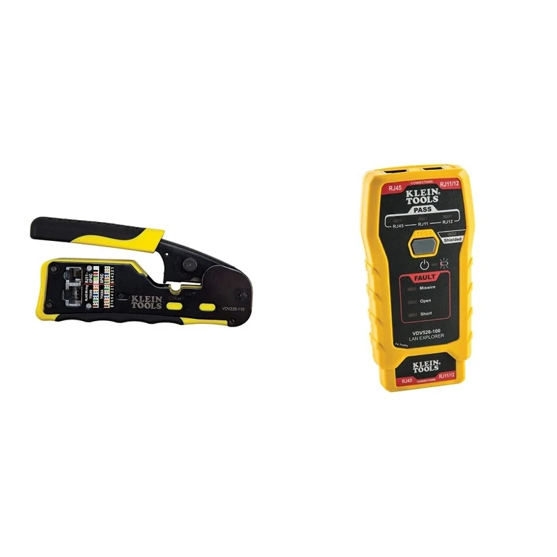 Klein Tools Pass-Thru Modular Wire Crimper, All-in-One Tool Cuts, Strips, Crimps, Fast and Reliable VDV226-110, Yellow/Black, Pack of 1 & KLEIN TOOLS VDV526-100 Cable Testers