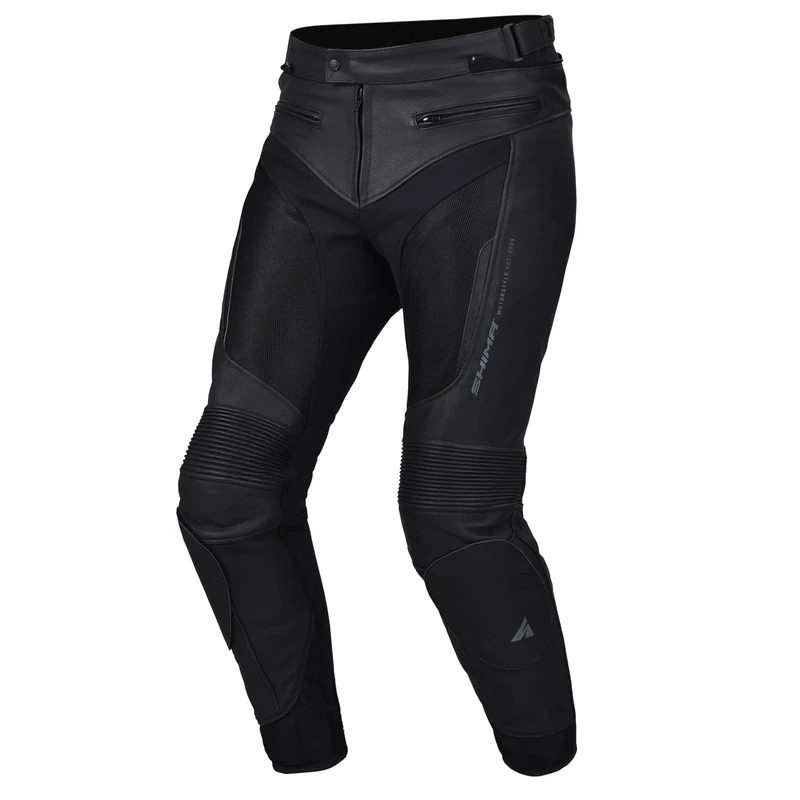 SHIMA PISTON Men's Motorcycle Pants - Leather & Mesh Summer Pants with Elastic Panels, hips and knees CE-protectors (Black, 52)