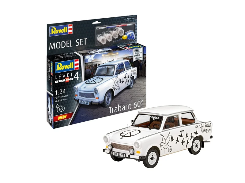 Revell Model Set 67713 Trabant 601S "Builder's Choice 1:24 Scale Unbuilt/Unpainted Plastic Model Kit with Contacta Professional Glue, Paintbrush & Selected Aqua Color Paints