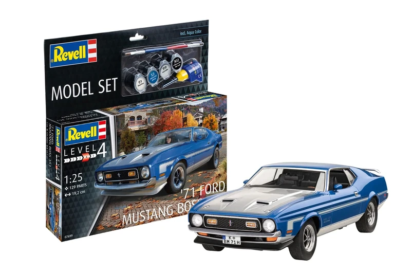 Revell Model Set 67699 71 Mustang Boss 351 1:25 Scale Unbuilt/Unpainted Plastic Model Kit with Contacta Professional Glue, Paintbrush & Selected Aqua Color Paints