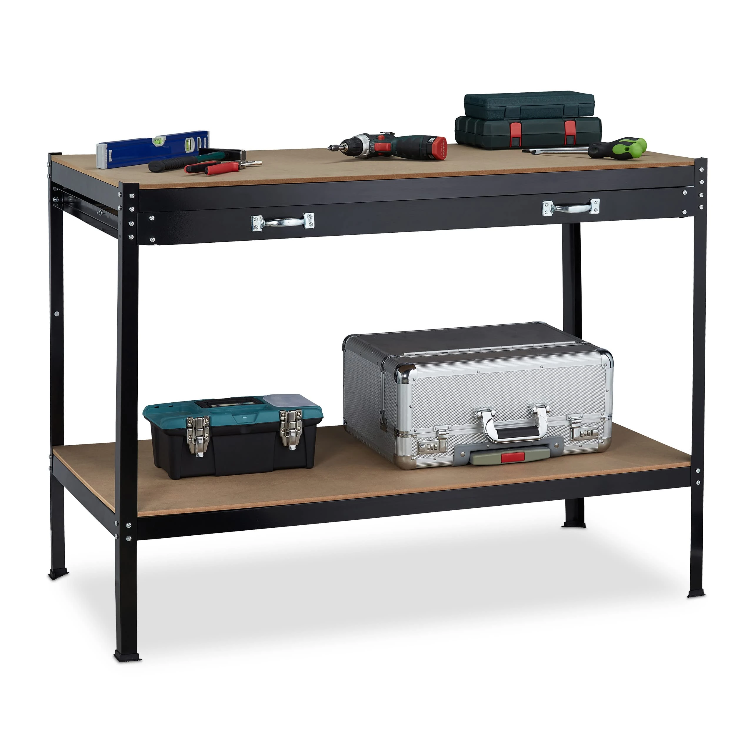 Relaxdays Workbench, Drawer, 2 Levels, Workshop & Garage, Steel & MDF, H x W x D 90.5 x 121 x 63.5 cm, Black