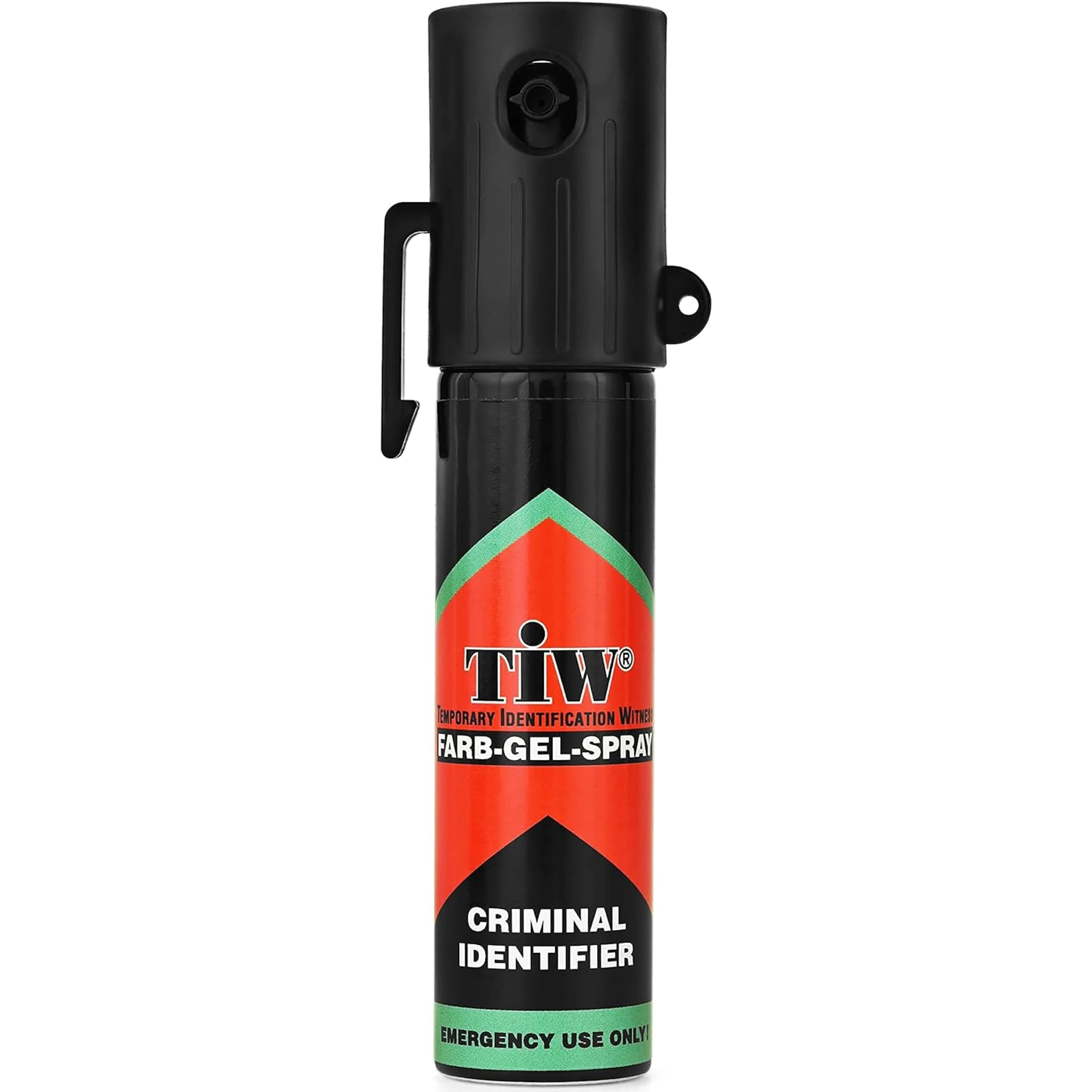 Self-Defence Spray. UK Legal Pepper Spray alternative. FARB-GEL-SPRAY with Criminal ID Dye. UK Police Used Brand TiW TW1000. Pocket Clip. Keyring Hole. Safety Trigger. (1 UNIT, 20 mL). Made in Germany