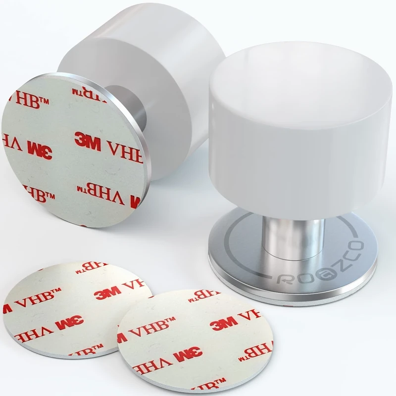 2-Pack Self-Adhesive Door Stoppers with Extra Stickers – Heavy Duty Stainless Steel & White Rubber – Sound Dampening Bumpers for Wall or Floor – Ideal for Home and Office