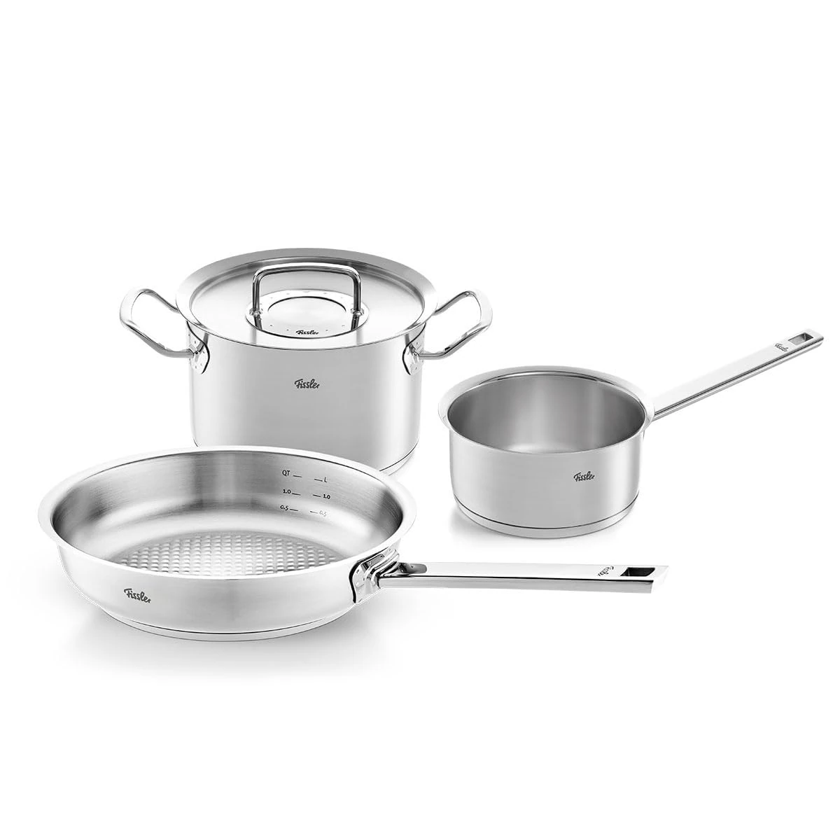 Fissler Original-Profi Collection 3-Piece Stainless Steel Cooking Pot Set with Metal Lid (1 Cooking Pot, 1 Uncoated Pan, 1 Saucepan Lidless) - Induction, Silver (084-378-03-000/0)