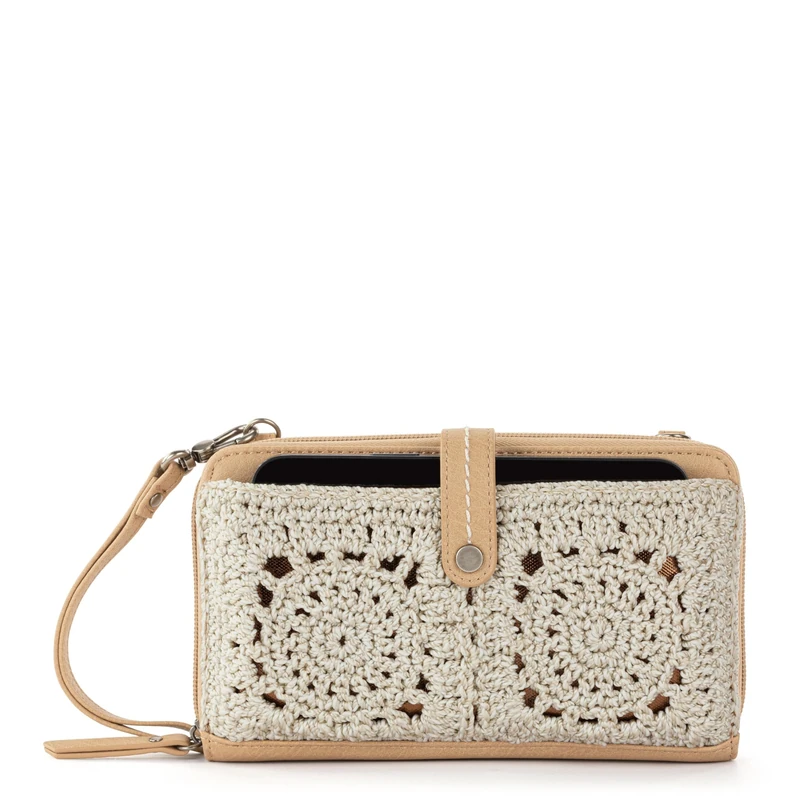 The Sak Women's Iris Large Smartphone Crossbody Bag in Hand-Crochet and Faux Leather, Convertible Purse with Detachable Wristlet Strap, Includes Phone Wallet Compartments, Natural Medallion, One Size