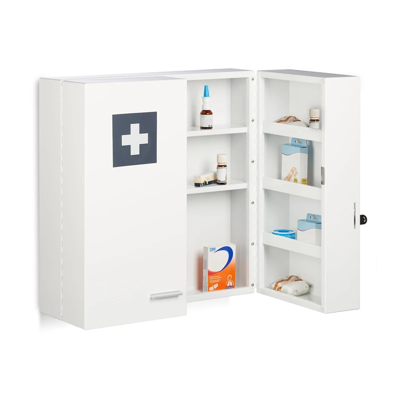 Relaxdays Medicine Cabinet, Lockable, 11 Compartments, Steel, HxWxD: 53 x 53 x 21.5 cm, Double Door, First Aid, White