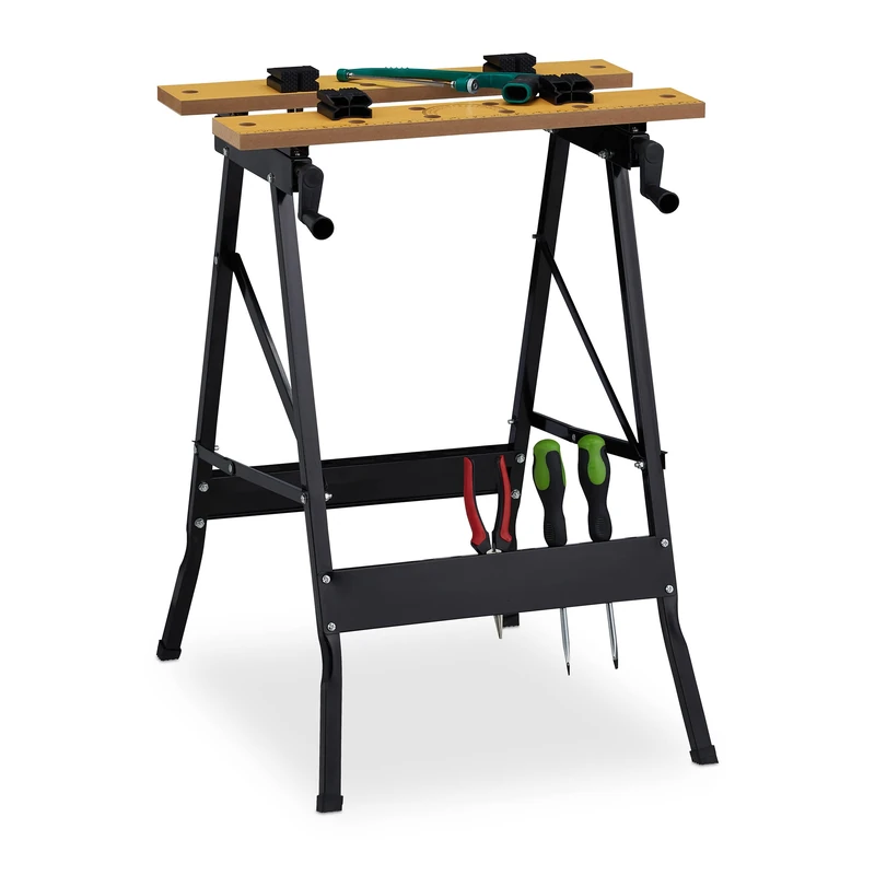 Relaxdays Workbench, Foldable, Up to 100 kg, 4 Clamping Jaws, H x W x D: 75.5 x 56 x 62 cm, Natural/Black, Steel