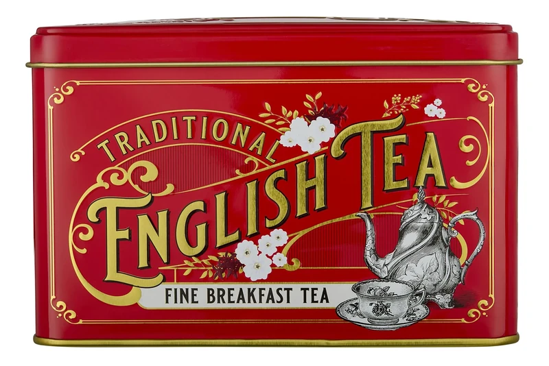New English Teas Vintage Victorian Tea Tin in Berry-Red with 40 English Breakfast Teabags