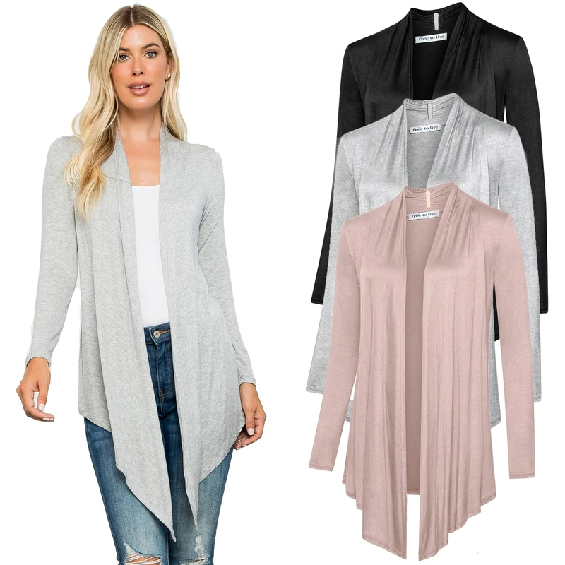 Free to Live 3 Pack Long Sleeve Cardigan for Women Open Front Dressy Casual Fall Draped Lightweight Sweaters Cover Up Shrugs, Black, Heather Grey, Mocha, Large