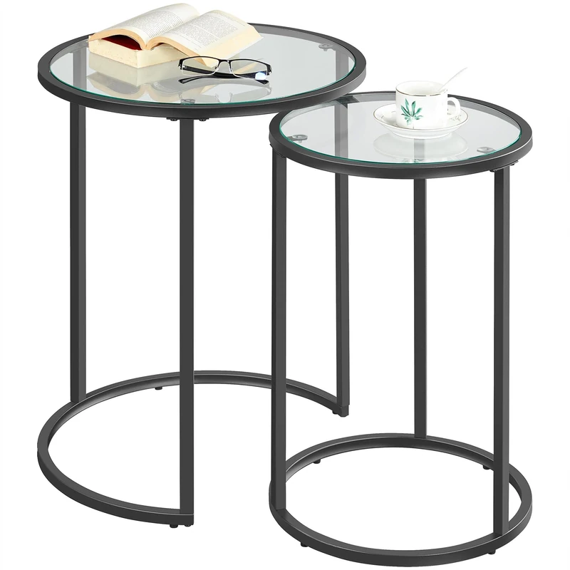 Yaheetech Round Nesting Table, Set of 2 Coffee Table with Glass Top, End Side Table with Metal Frame for Living Room/Bedroom/Reception, Black, 49.5 x 49.5 x 59 cm