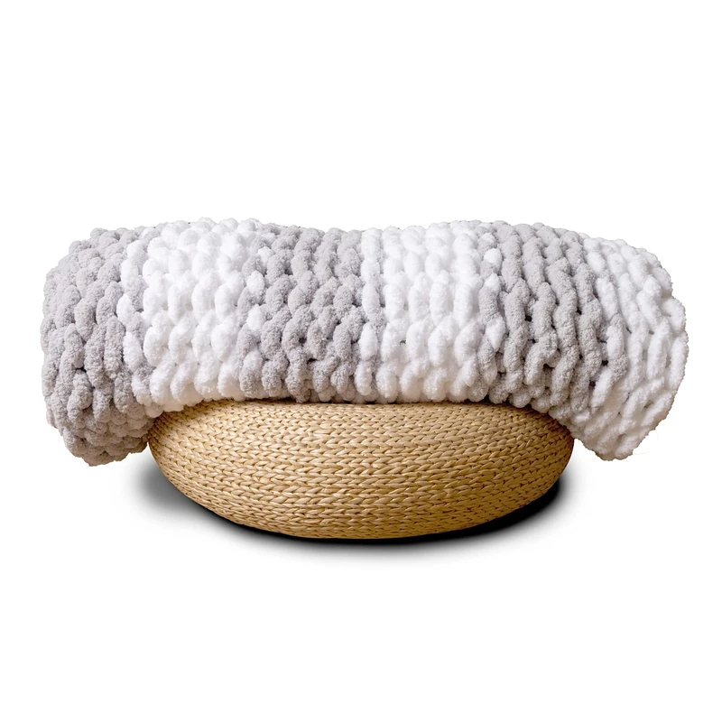 Adyrescia Chunky Knit Blanket Throw | 100% Hand Knit with Jumbo Chenille Yarn (50"x60", Gray and White Stripes)