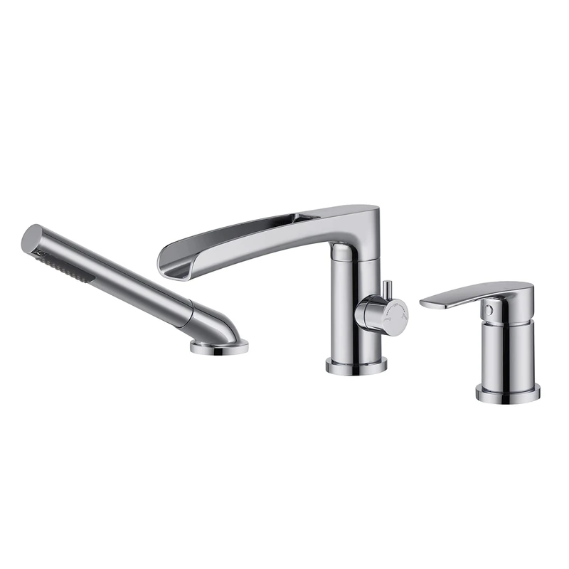 Wowkk Roman Tub Faucets Deck Mount Chrome Waterfall Bathtub Faucets Brass Tub Filler Bathroom Faucets with Hand Shower