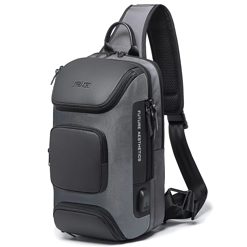 BANGE Sling Bag, Waterproof Men's Chest Bag Shoulder bags Crossbody Sling Backpack for Men……, Grey（with Usb）, Durable