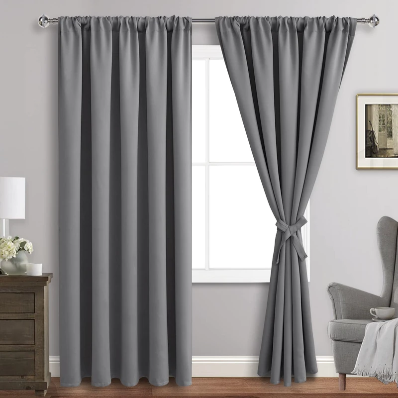 JIUZHEN Blackout Curtains for Bedroom - 70 x 84 Inch Extra Wide Privacy Assured Thermal Insulated Room Darkening Room Divider Curtain Cover for Living Room, Set of 2 Panels with Tiebacks, Light Grey