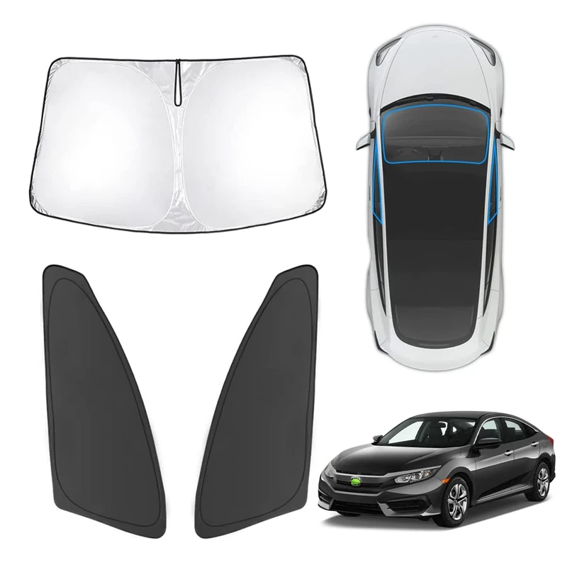 Karltys 3PCS Windshield Sun Shade for 2016-2021 Honda Civic, Front and Side Window Sunshade Custom Fit 10th Gen. Civic, Thick Reflective Sun Visor Cover Protector Blocks Heat UV Rays