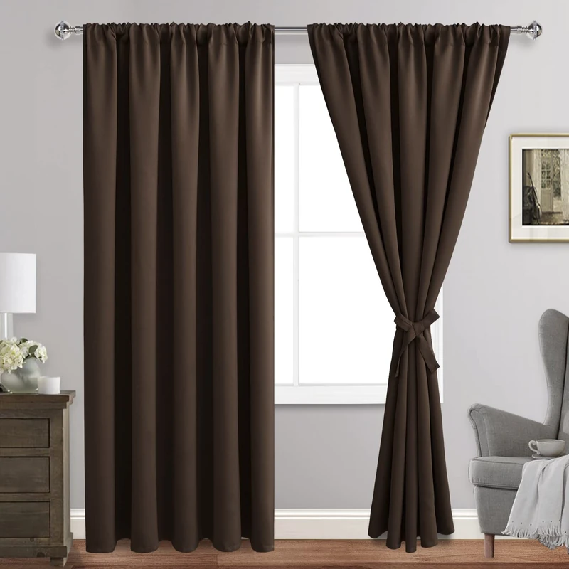 JIUZHEN Blackout Curtains for Bedroom - Thermal Insulated Room Darkening Noise Reducing, 70 x 84 Inch Length Curtains for Living Room, Set of 2 Panels with Tiebacks, Brown