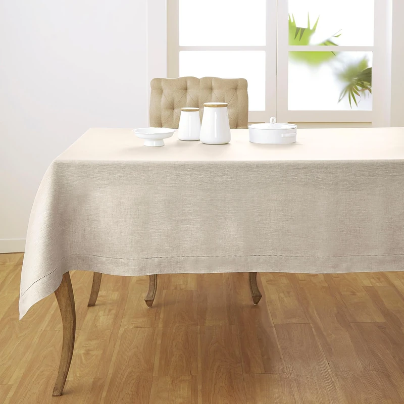 Solino Home 100% Pure Linen Tablecloth Light Natural Hemstitch, 60 x 144 in