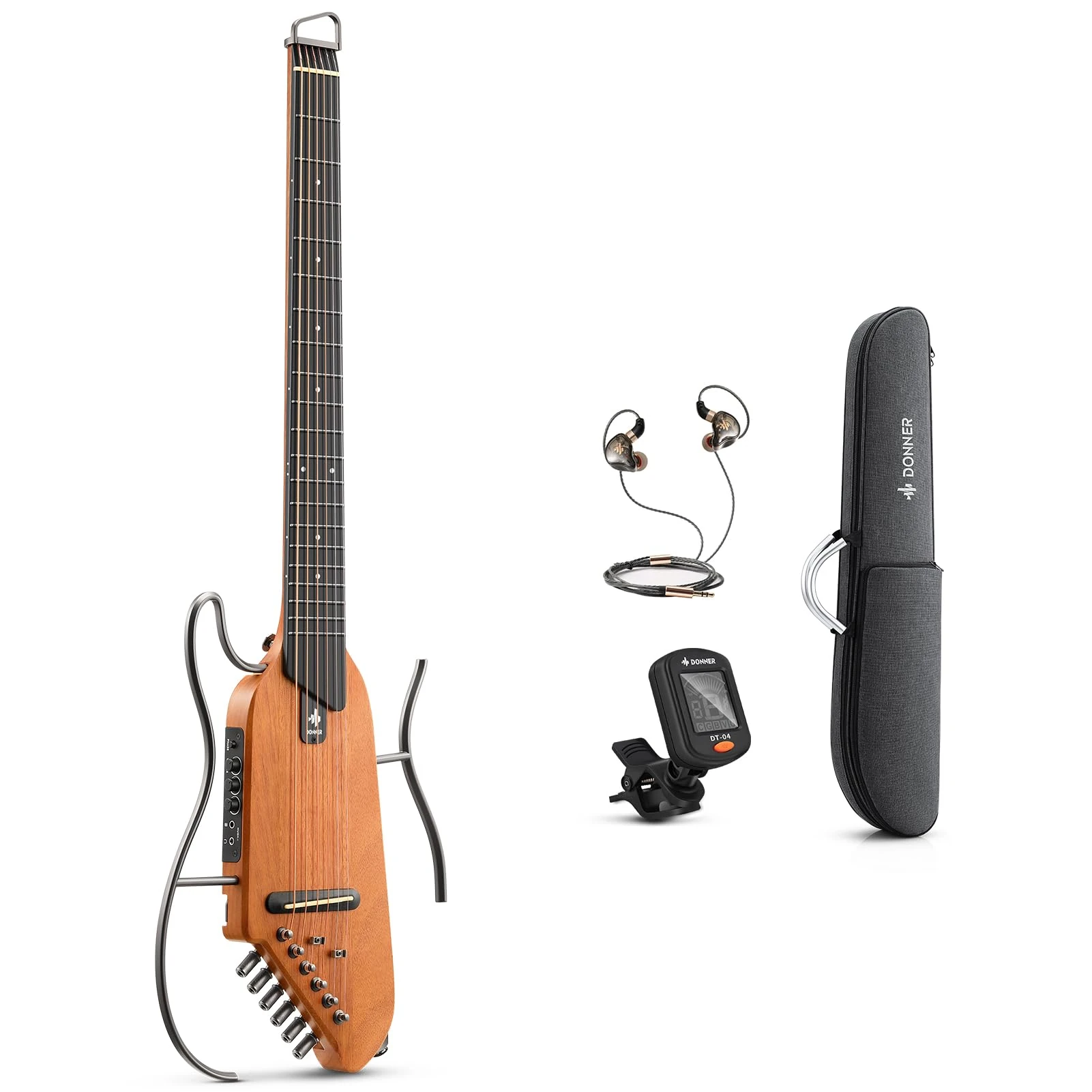Donner HUSH-I Electro-Acoustic Guitar For Travel - Portable Ultra-Light and Quiet Performance Headless Guitar, Mahogany Body with Removable Frames, Gig Bag, and Accessories