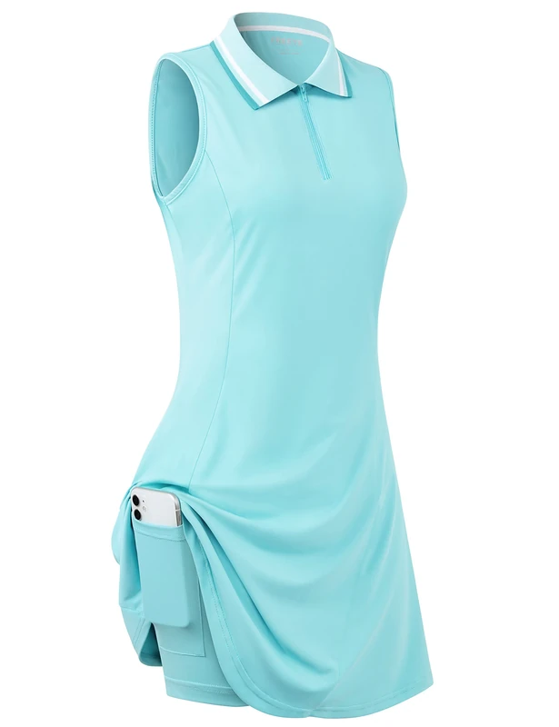 FREEYE Womens Sleeveless Golf Tennis Dresses with Inner Shorts＆Pockets for Workout Exercise, Blue, XL