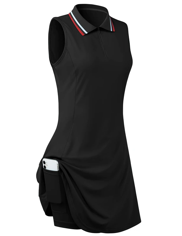 FREEYE Womens Sleeveless Tennis Golf Polo Dress with Inner Shorts＆Pocket for Workout Exercise, Black, X-Large