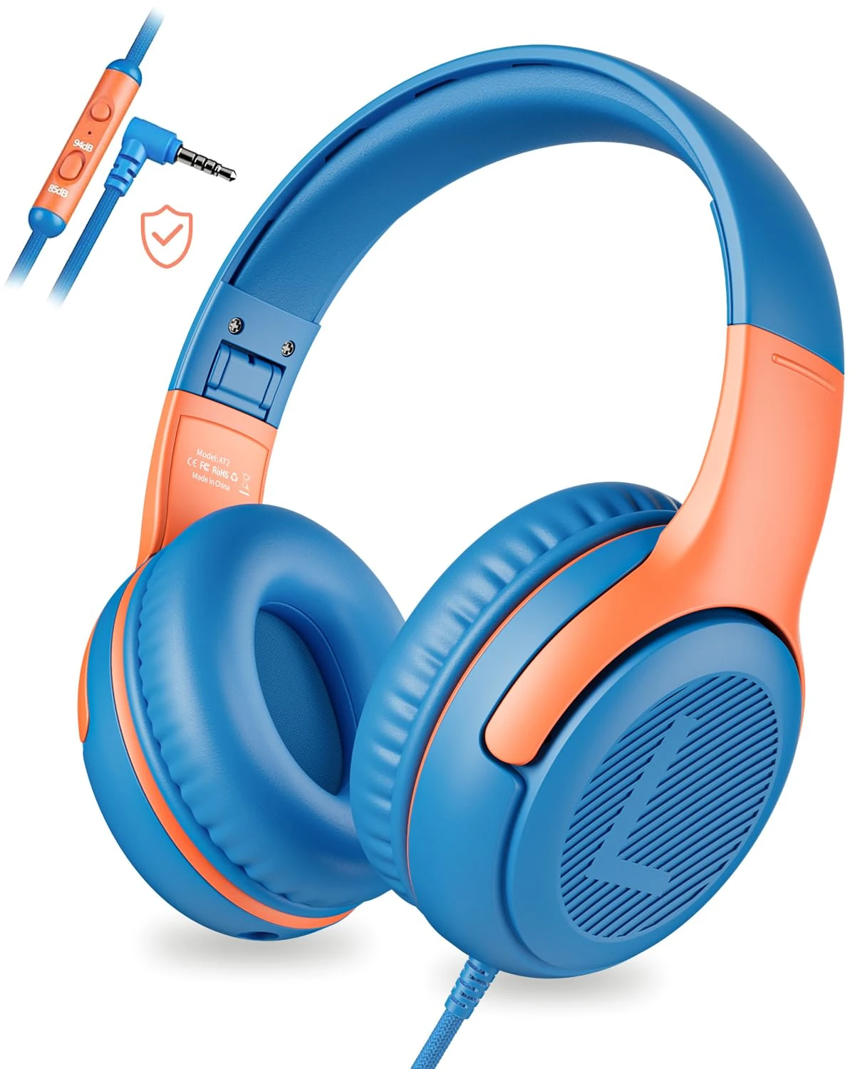awatrue Kids Headphones Wired with Mic, Toddler Headphones with 85/94dB Volume Limit, Sharing Funtion,HD Sound,3.5mm Jack,Foldable Over Ear Childrens headphones for Boys/Phone/Tablet/School-OrangeBlue