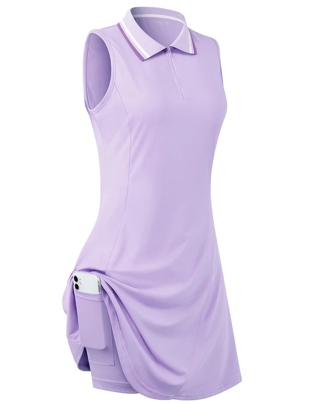 FREEYE Womens Sleeveless Golf Tennis Dresses with Inner Shorts＆Pockets for Workout Exercise, Purple, L