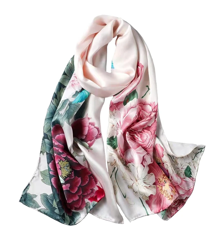 100% Mulberry Silk Long Scarf for Women Large Shawls for Headscarf and Neck- Oblong Hair Wraps with Gift Packed (Pale Pink Flowers) - Image 1