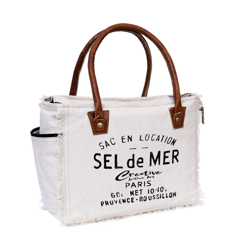 CREATIVE LEATHER ART CLA Bags Sel De Mer Upcycled Canvas & Cowhide Tote Bag - Radiant Off-white