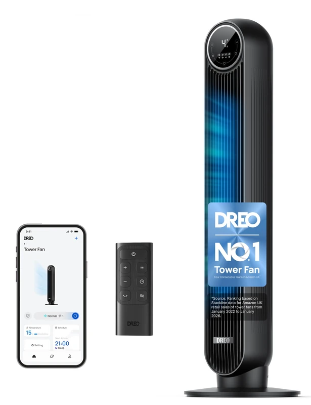 Dreo Smart Tower Fan, 28dB Silent Standing Fans for Bedroom, 25ft/s Velocity Electric Cooling Fan, 90° Oscillating Floor Bladeless Fans, Wifi/Alexa Remote Control, 4 Speeds/4Modes/8H Timer, Black