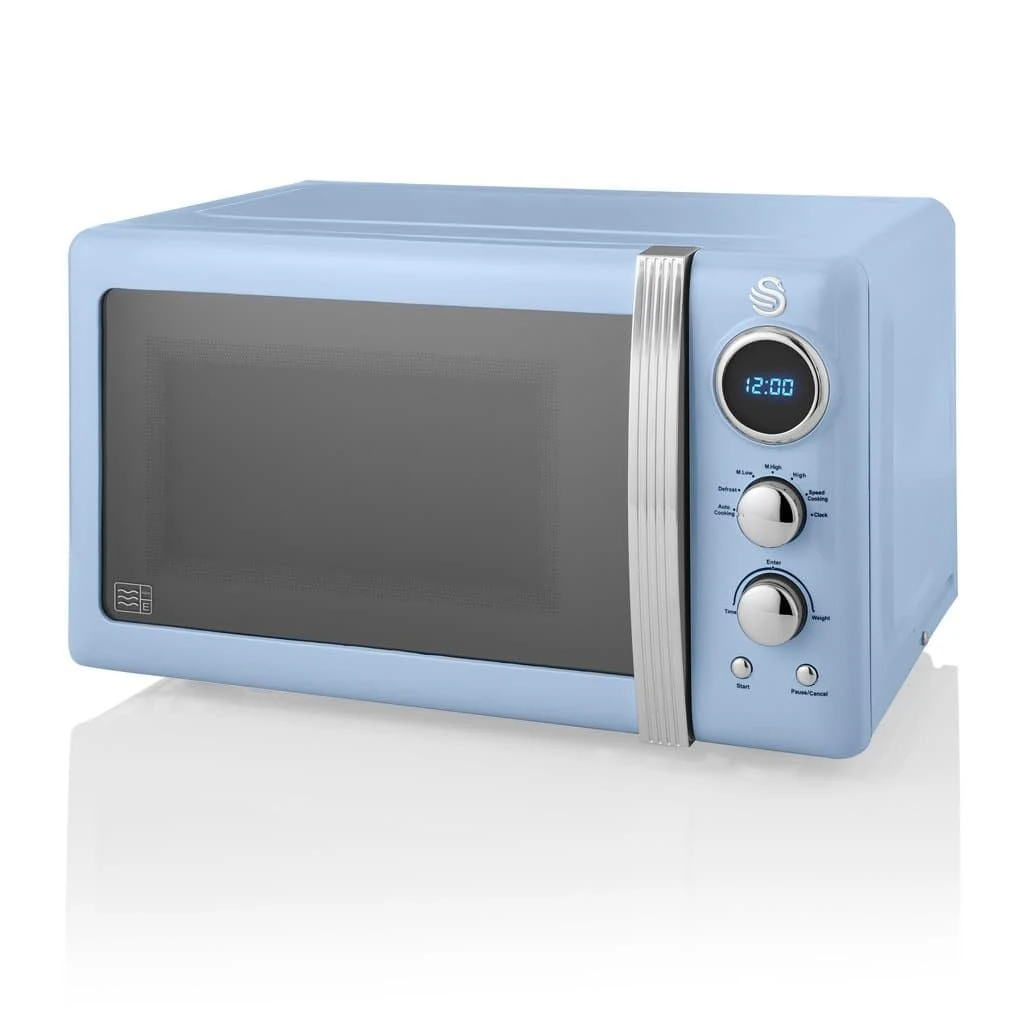 Swan SM22030LBLN Retro LED Digital Microwave with Glass Turntable, 5 Power levels & Defrost Setting, 20L, 800W, Blue