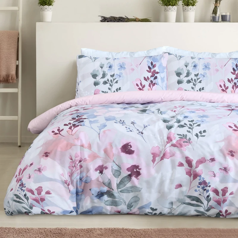 Sleepdown Botanical Leaves Floral Blush Pink Blue Reversible Duvet Cover Quilt Pillow Cases Bedding Set Soft Easy Care - Double (200cm x 200cm)