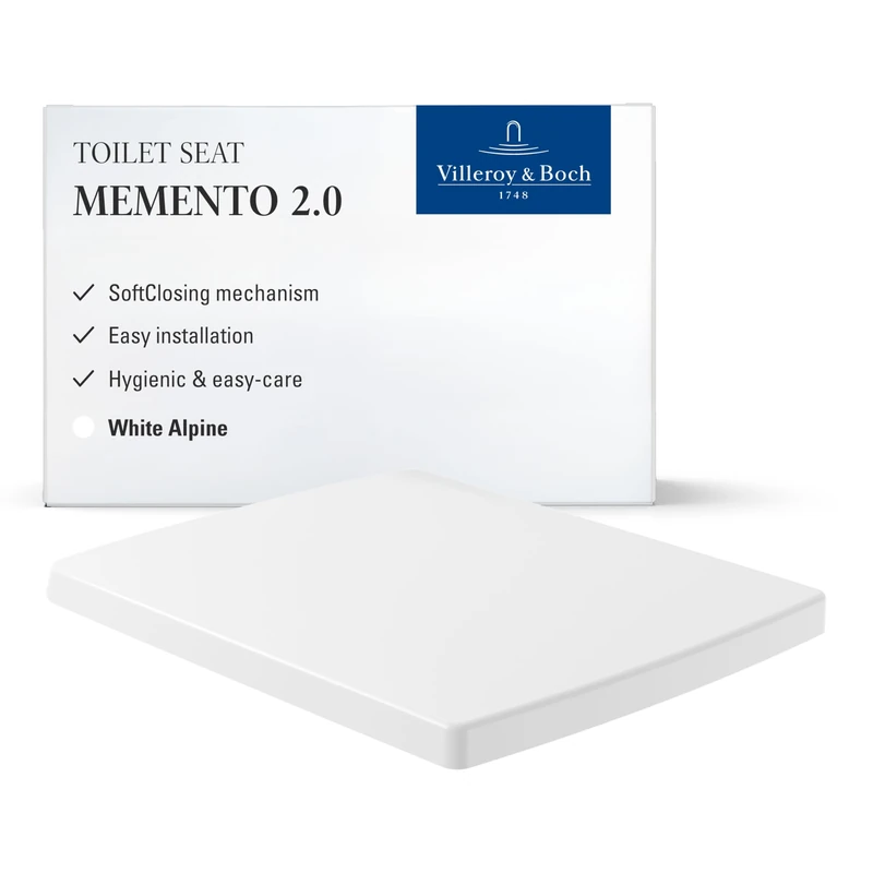 Villeroy & Boch Memento 2.0 Toilet Seat with Soft-Close Mechanism, Removable Toilet Seat Made of Shatterproof Duroplast, Toilet Lid, Original Replacement Part, Rectangular, White Alpine, Glossy