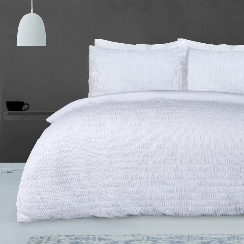 Sleepdown Seersucker Embossed Geometric Textured White Duvet Cover Quilt Pillow Cases Bedding Set Soft Easy Care - Double (200cm x 200cm),5056242898900