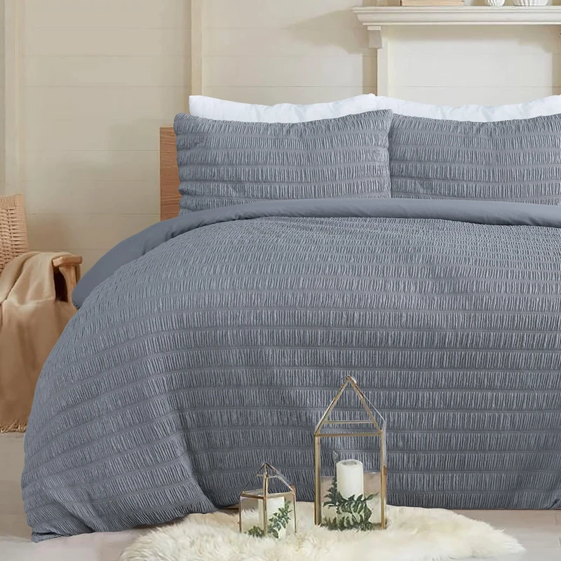 Sleepdown Seersucker Embossed Geometric Textured Charcoal Grey Duvet Cover Quilt Pillow Cases Bedding Set Soft Easy Care - Super King (220cm x 260cm)