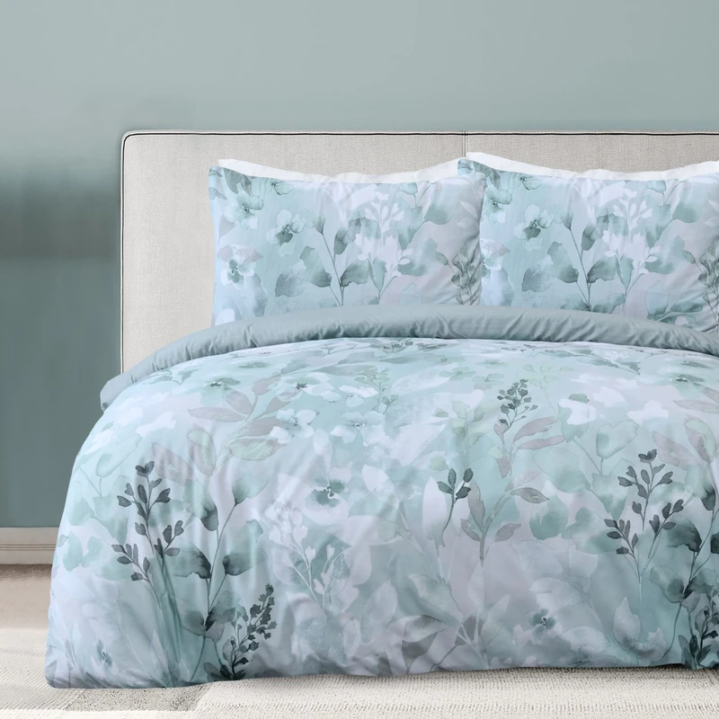 Sleepdown Botanical Leaves Floral Green Reversible Duvet Cover Quilt Pillow Cases Bedding Set Soft Easy Care - King (230cm x 220cm)