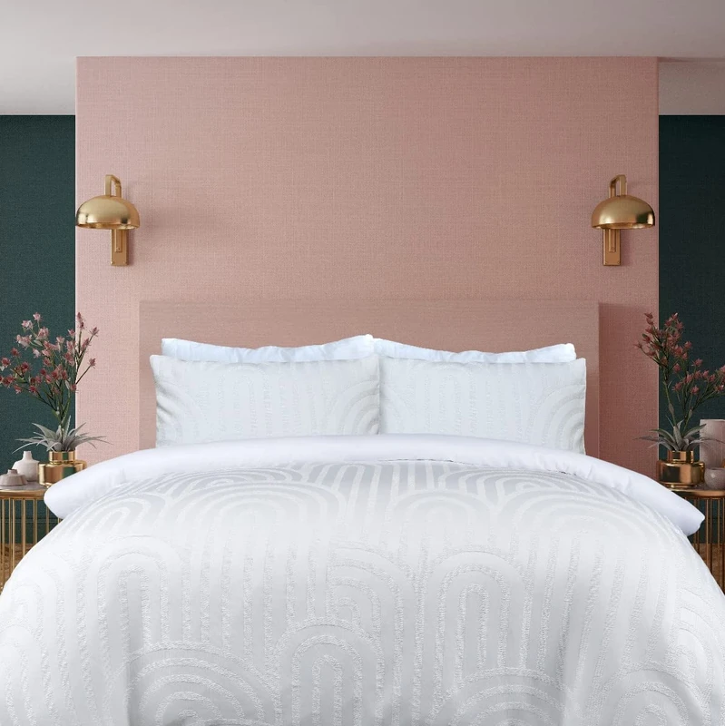 Sleepdown Geometric Textured Tufted Arch White Duvet Cover Quilt Pillow Cases Bedding Set Soft Easy Care - King (230cm x 220cm)
