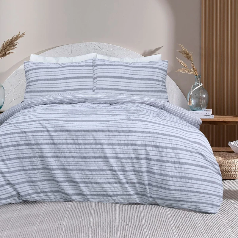 Sleepdown Stripe Seersucker Grey Reversible Duvet Cover Quilt Pillow Cases Bedding Set Soft Easy Care - Super King (220cm x 260cm) - Image 1