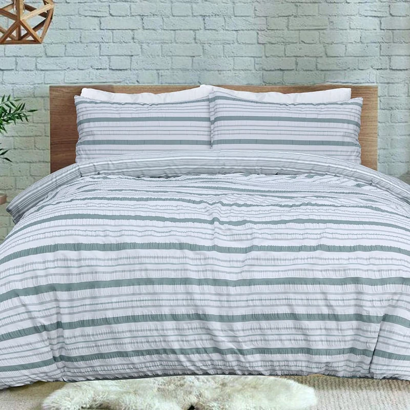 Sleepdown Stripe Seersucker Green White Reversible Duvet Cover Quilt Pillow Cases Bedding Set Soft Easy Care - Super King (220cm x 260cm), (5056242893462)