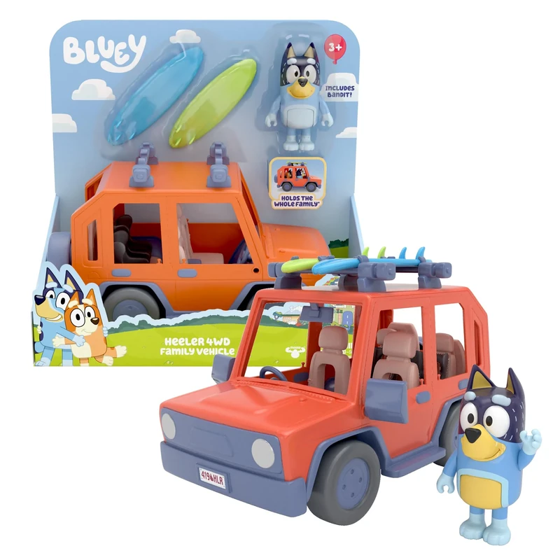 Giochi Preziosi Bluey 4X4 Family Off-Road Vehicle Including Dad Bandit Approx 8cm Tall and 2 Surfboards As Seen on TV for Children 3 Years Old, BLY03000, Multi-Colour