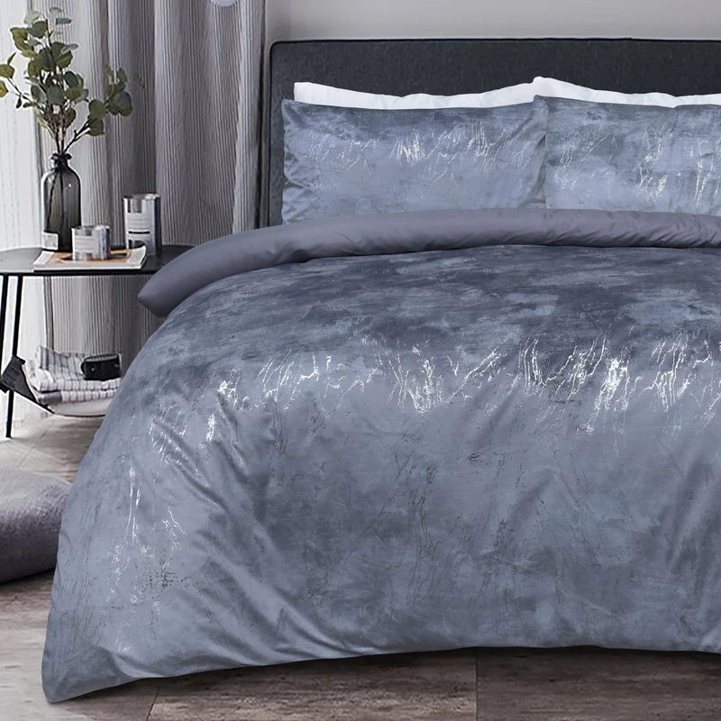 Sleepdown Marble Velvet Metallic Grey Plain Reverse Duvet Cover Quilt Pillow Cases Bedding Set Soft Easy Care - Double (200cm x 200cm), (5056242893929)