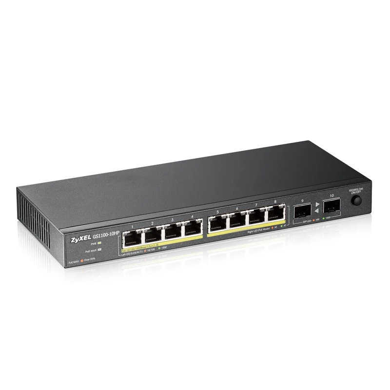 Zyxel Unmanged 10-Port 8-Port Gigabit PoE+ Switch with 130W PoE Max. 2 SFP Ports - Fanless Design [GS1100-10HP]