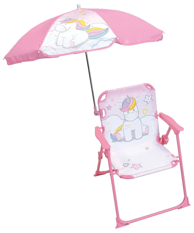 FUN HOUSE | Folding Chair for Children Pink Unicorn Theme with Parasol Ø65 cm | H53 x W39 x D39 Cm | Lightweight and Portable Outdoor Furniture | Perfect for Garden or Beach | Gift Idea Plen Air