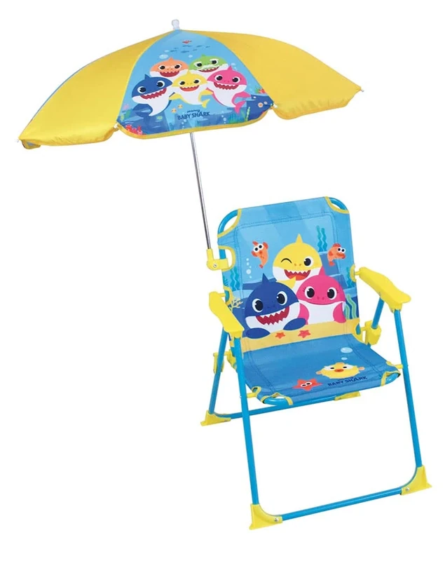 Fun House 713463 Baby Shark Folding Camping Chair Dimensions: H.38.5 XL.38.5 x D.37.5 cm + Parasol Diameter 65 cm for Children, Multi-Coloured - Image 1