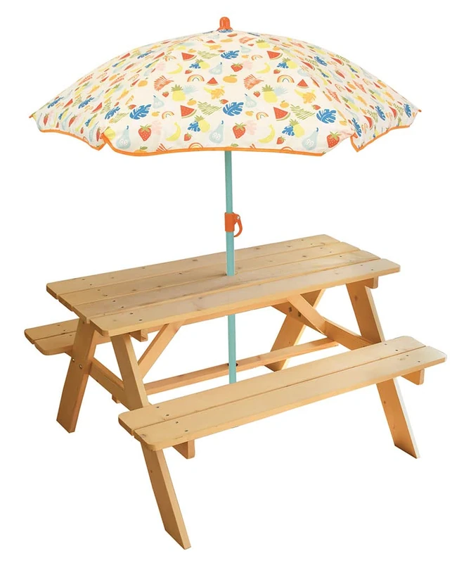 Fun House FRUITY'S Children's Picnic Table in Pine Height 53 x Length 95 x Depth 75 cm with Parasol Height 125 x Diameter 100 cm