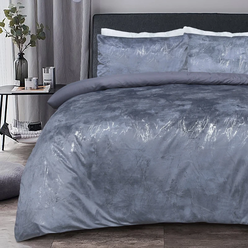 Sleepdown Marble Velvet Metallic Grey Plain Reverse Duvet Cover Quilt Pillow Cases Bedding Set Soft Easy Care - King (230cm x 220cm),5056242893936